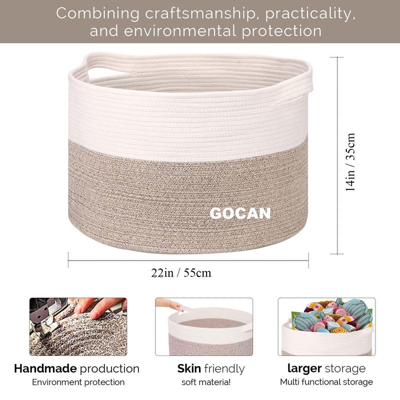 GOCAN Extra Large Laundry Basket toy storage 22"X22"X14" blanket basket Cotton Rope Woven Baskets with Handles for Living Room (Brown/Beige) XXXL - Image 3